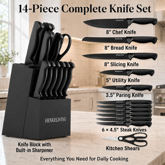 Knife Set, 14-Piece Black Dishwasher Safe Kitchen Knife Block Set with Built-In Sharpener, German High Carbon Stainless Steel Blades, Ultra Sharp Knives with Ergonomic Non-Slip Handles