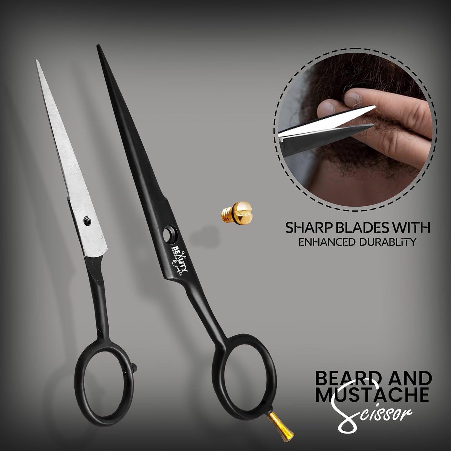 Beauty & Crafts 5” Professional Beard & Mustache Scissors for Men | German Stainless Steel Beard Trimming Shears with 2 Mustache Combs & Premium Pouch for All Facial Hair (Black)