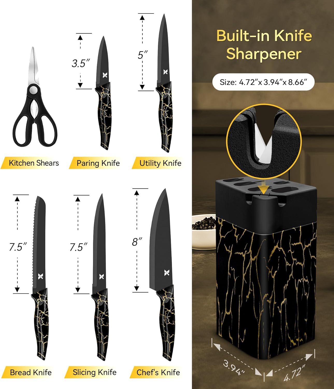 XANAPON Knife Set, 14 Pieces Kitchen Knife Set, High Carbon German Stainless Steel, Dishwasher Safe Cutlery with Sharpener, Black