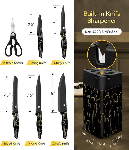 Knife Set, 8 Pieces Kitchen Knife Block Sets, High Carbon German Stainless Steel, Dishwasher Safe Cutlery with Sharpener, Black