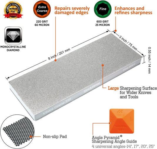SHARPAL 168H Large 8" x 3" Dual-Grit Diamond Sharpening Stone – Coarse 325 & Extra-Fine 1000 Grit Monocrystalline Diamond Whetstone, Professional Knife Sharpener, Premium Fathers Day Gift