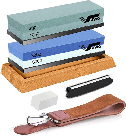Knife Sharpening Stone Kit - Whetstone Dual Grit 400/1000 3000/8000 Premium Sharpener Set with Leather Strop, Flattening Stone, Honing Guide, Bamboo Base, Angle Guide, Cut Resistant Gloves