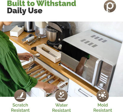 Pristine Bamboo Silverware Organizer - Small Extra-Deep Wooden Kitchen Drawer Organizer Divider for Spoons, Forks, Knives & Cutleries - 5 Slots
