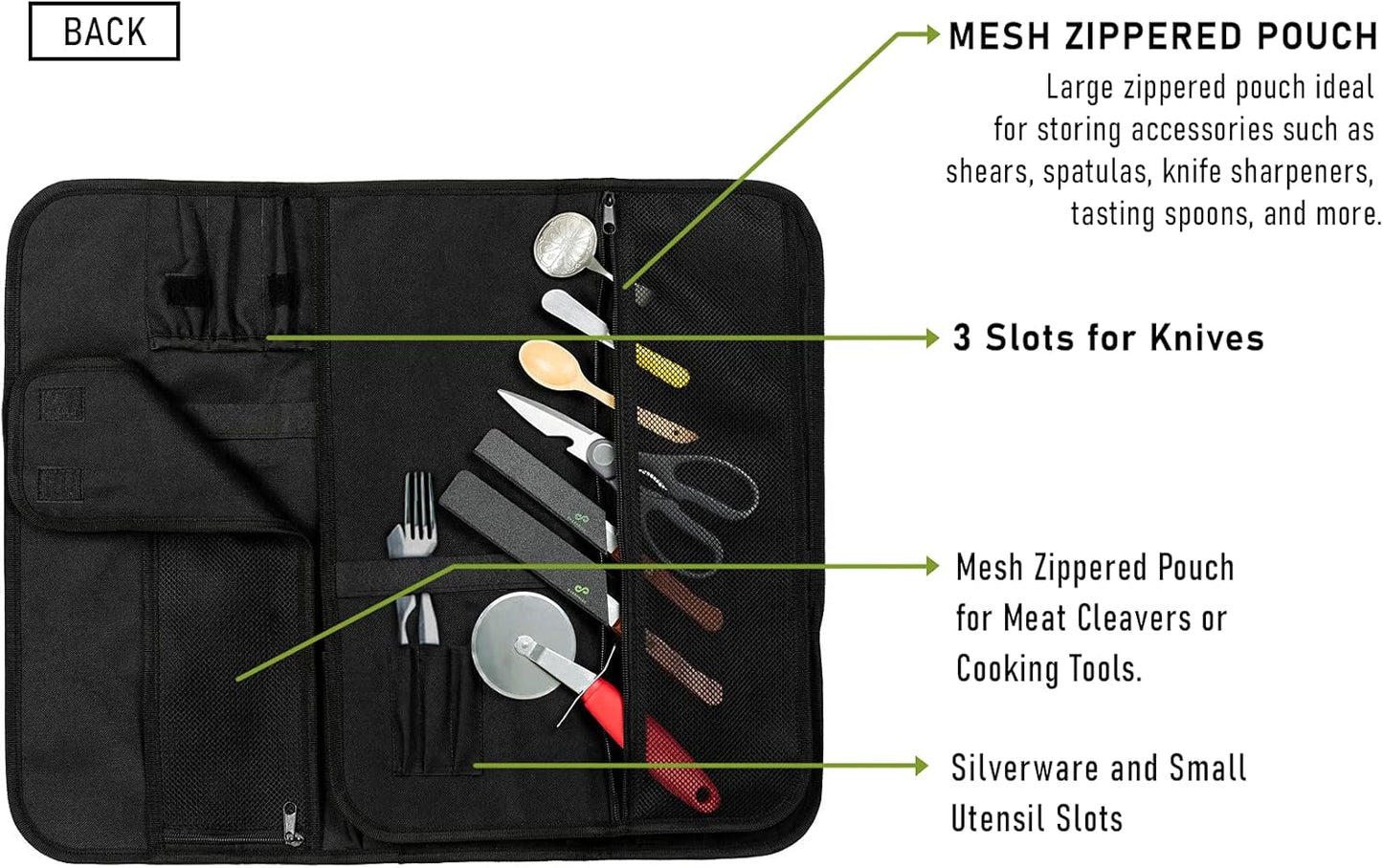 EVERPRIDE Chef Knife Roll Bag Holds 10 Knives – Contains 2 Large Zippered Pockets for Meat Cleavers and Cooking Tools – Durable Knife Carrier Case for Chefs and Culinary Students – Knives Not Included