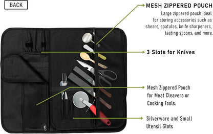 EVERPRIDE Chef Knife Roll Bag Holds 10 Knives – Contains 2 Large Zippered Pockets for Meat Cleavers and Cooking Tools – Durable Knife Carrier Case for Chefs and Culinary Students – Knives Not Included