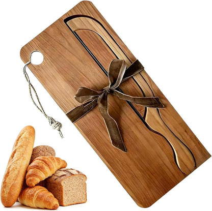 Bread Board and Knife Set Bread knife and bread board, wooden slicer, ergonomic design, ambidextrous, suitable for homemade bread, sourdough bread, bagels, baguettes etc