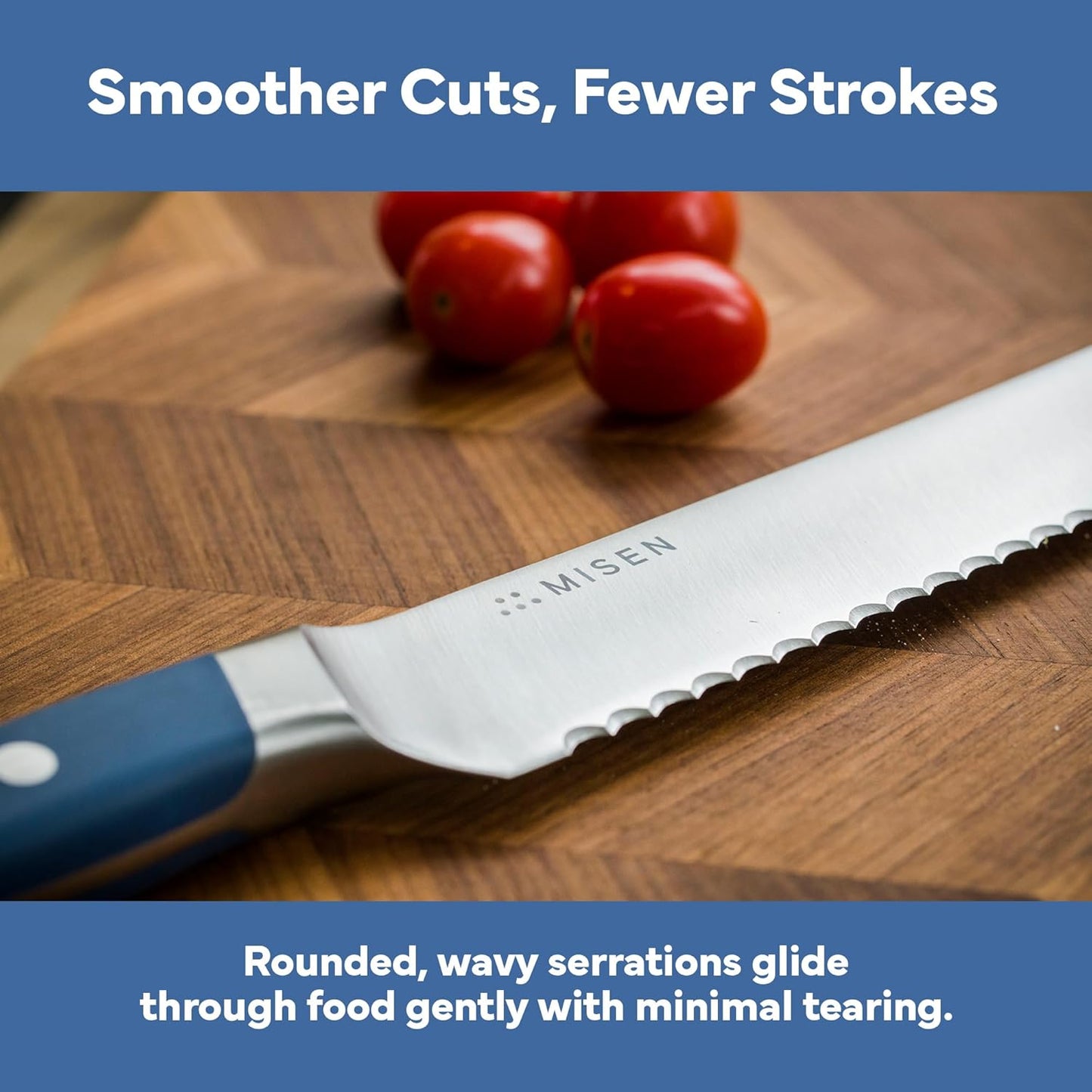 Misen Serrated Bread Knife - High-Carbon Japanese AUS8 Steel - Perfect for Soft Foods, Bread, Pastries, and Fruits - Verstatile Slicer, Razor-Sharp Edge, Durable Blade, Ergonomic Handle - 5", Blue