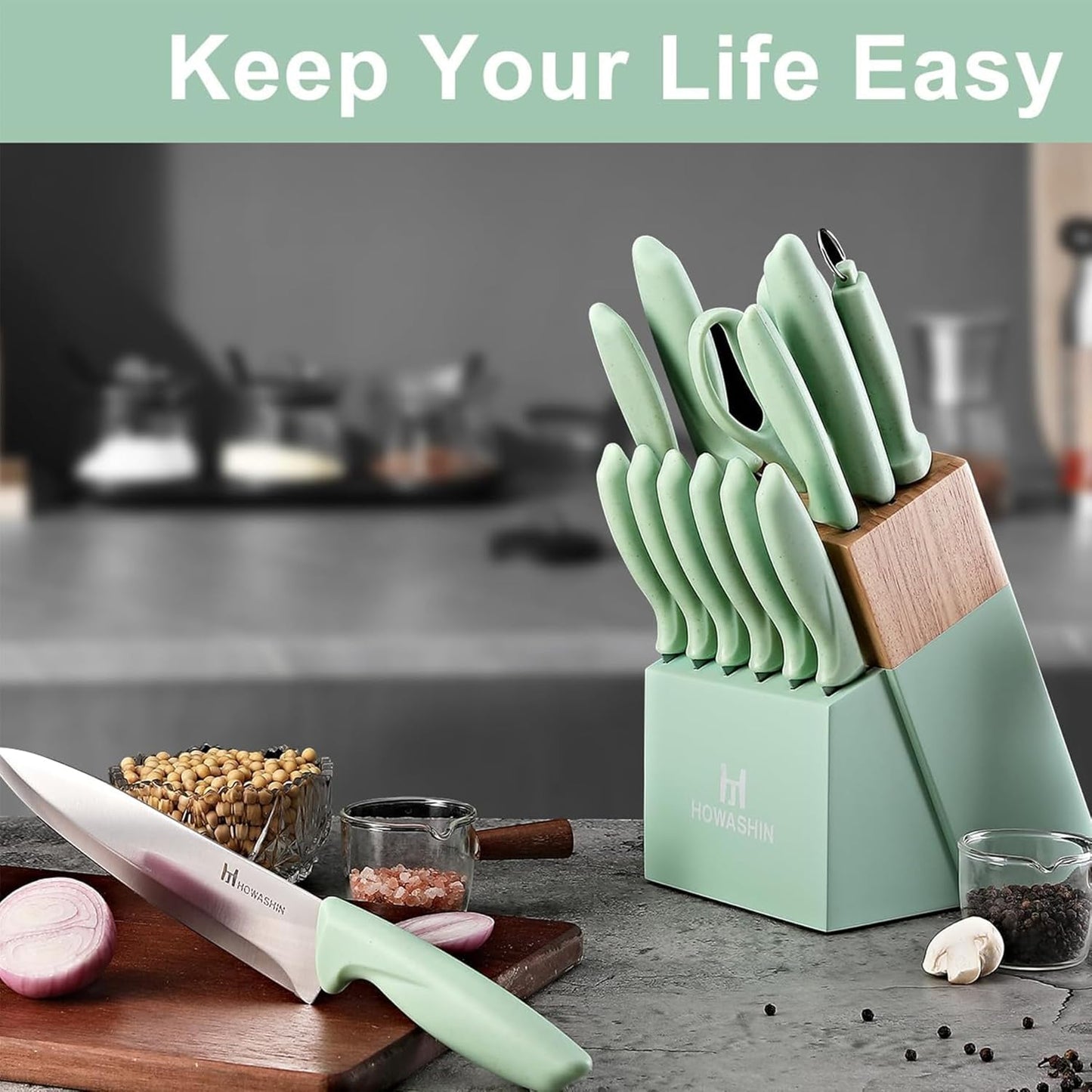 Green Knife Set, 15 Pcs Kitchen Knife Set with Block,High Carbon German Stainless Steel Knife Block Set with Magi-Grip Handle,Hand wash Safe Knives Set