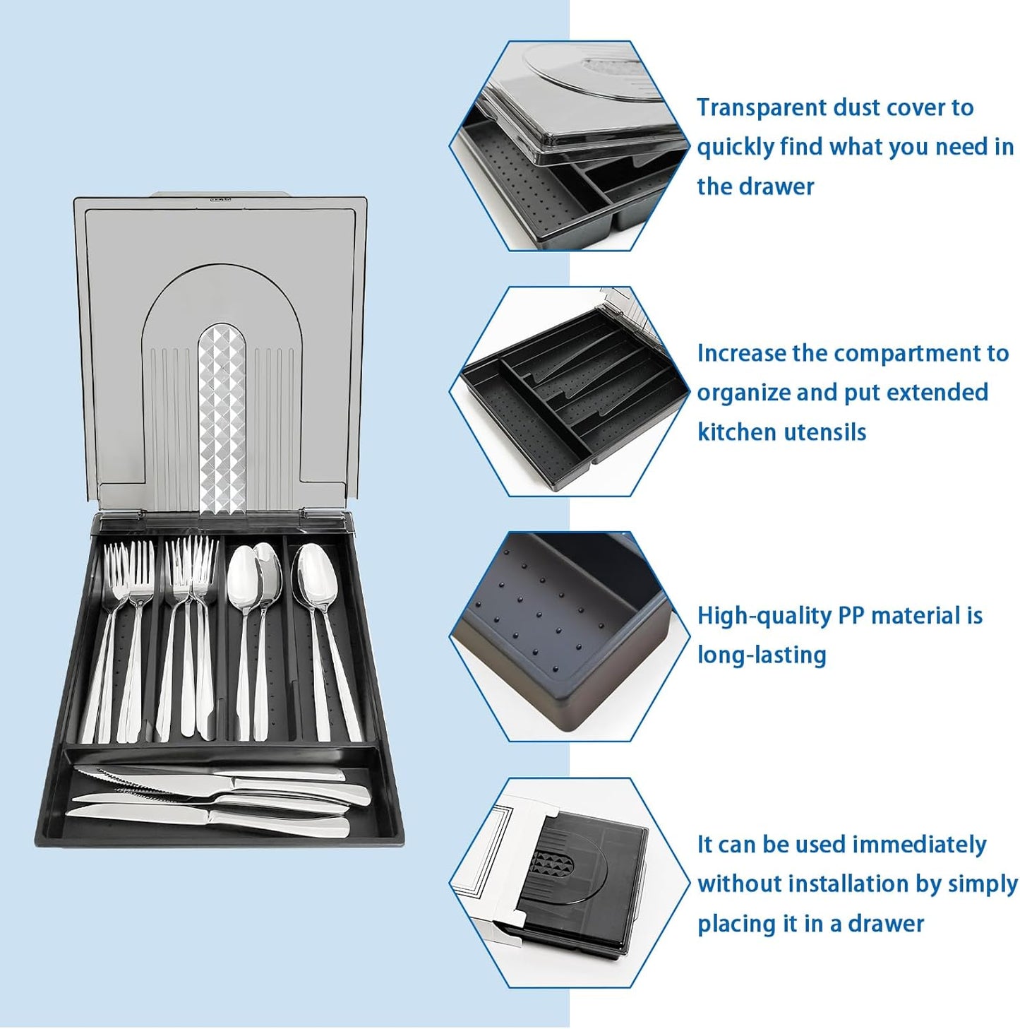 5-compartment kitchen utensil storage box with transparent lid - a fixed-compartment cutlery tray for kitchen drawer storage, a dust-proof container for forks, spoons, and knives