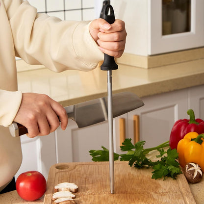 HiramWare Knife Sharpener Rod, 10 Inch Honing Steel for Knives, Professional Magnetic Sharpening Stick, Premium High Carbon Steel with Hard Chrome Plating, Easy to Grip for All Kitchen Knives