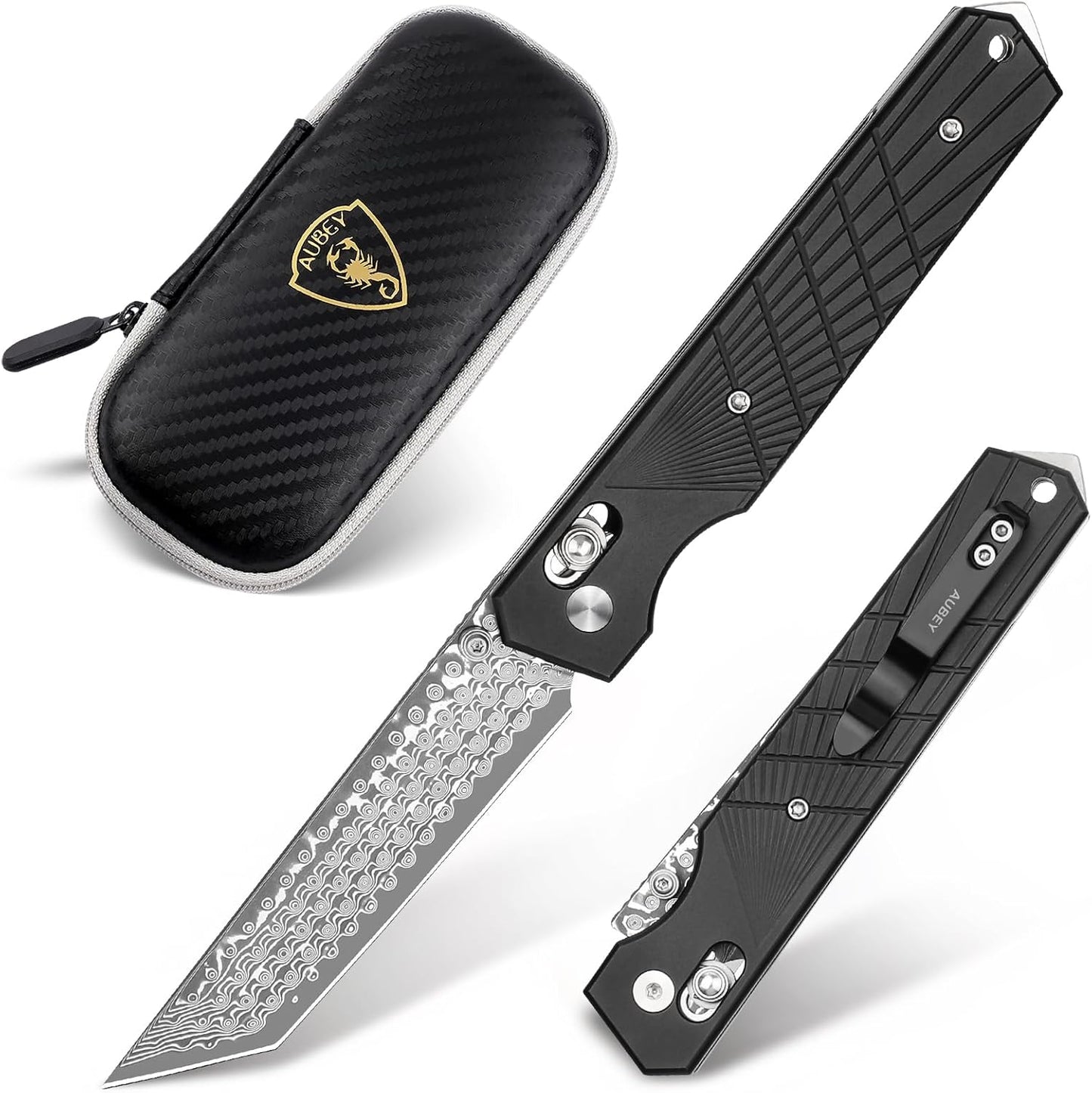 AUBEY Damascus Pocket Knife with Clip, Sharp Tanto Blade with VG10 Core Folding Knife with Abalone Shell Handle and Glass Breaker, EDC Camping Knife for Gift Survival Collection