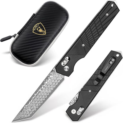 AUBEY Damascus Pocket Knife with Clip, Sharp Tanto Blade with VG10 Core Folding Knife with Abalone Shell Handle and Glass Breaker, EDC Camping Knife for Gift Survival Collection
