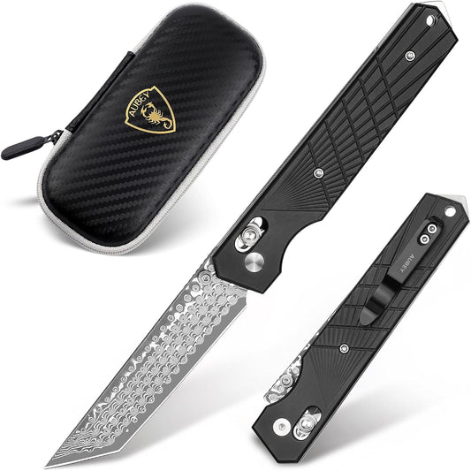 AUBEY Damascus Pocket Knife with Clip, Sharp Tanto Blade with VG10 Core Folding Knife with Abalone Shell Handle and Glass Breaker, EDC Camping Knife for Gift Survival Collection