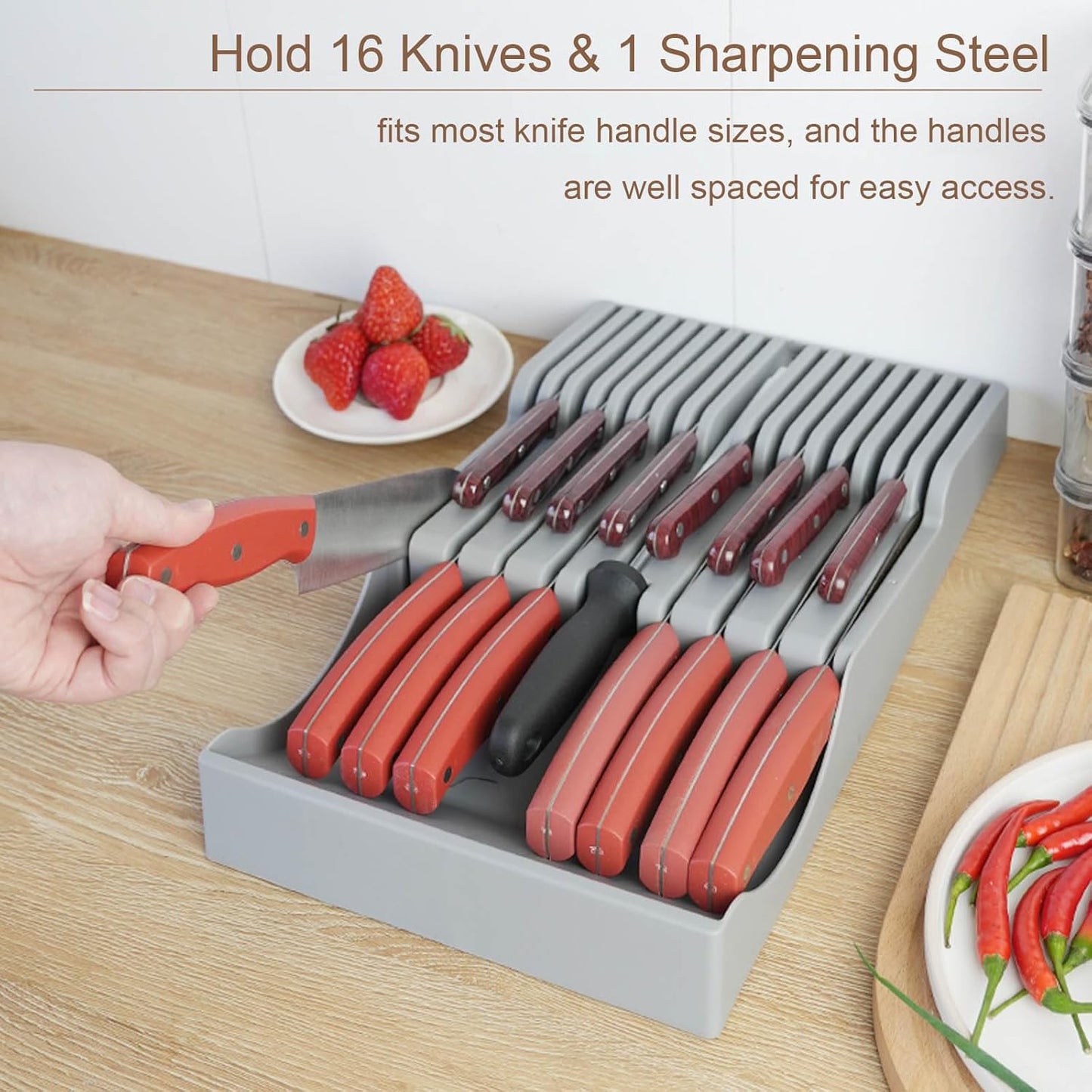 Drawer Knife Organizer, Kitchen Plastic Drawer Knife Block Holder Storage Sets for 16 Knives and 1 Sharpening Steel Extra Large Steak Chefs Knives Holder