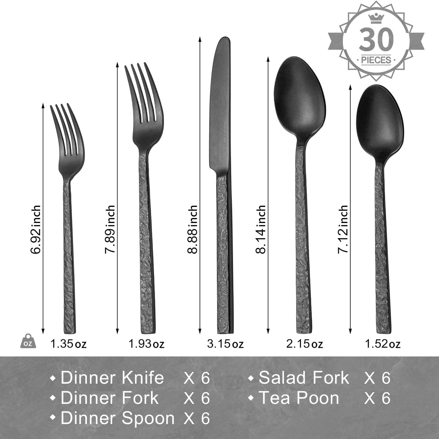 KINGSTONE 24 Pcs Black Hammered Silverware Set with Steak Knives for 4, 18/10 Stainless Steel Heavy Duty Flatware Set, Tableware Cutlery Utensil Sets for Home Restaurant Dishwasher Safe