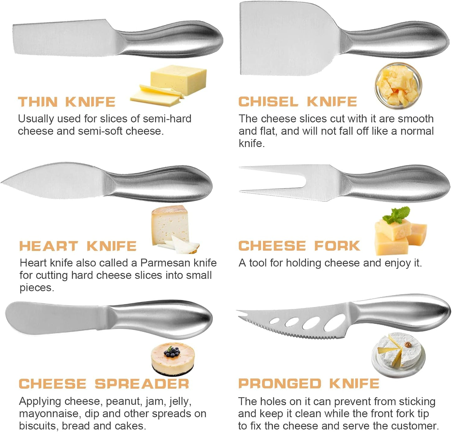 VANRA 6-Piece Cheese Knife Set Mini Stainless Steel Cheese knives with Butter Spreader and Fork for Charcuterie Boards and Cheese Platters