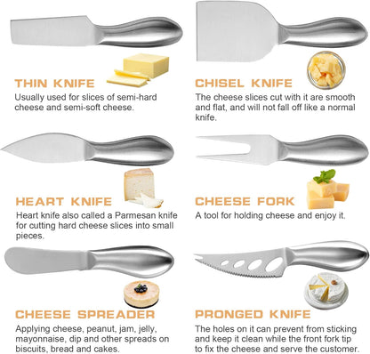 VANRA 6-Piece Cheese Knife Set Mini Stainless Steel Cheese knives with Butter Spreader and Fork for Charcuterie Boards and Cheese Platters