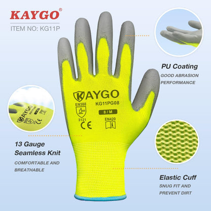 KAYGO Work Gloves for Men and Women,12 Pairs Seamless Knit PU Coated Safety Gloves, with Smooth Grip on Palm and Fingers, Ideal for Light Warehouse, Manufacturing, Gardening, KG11P (M, Black)