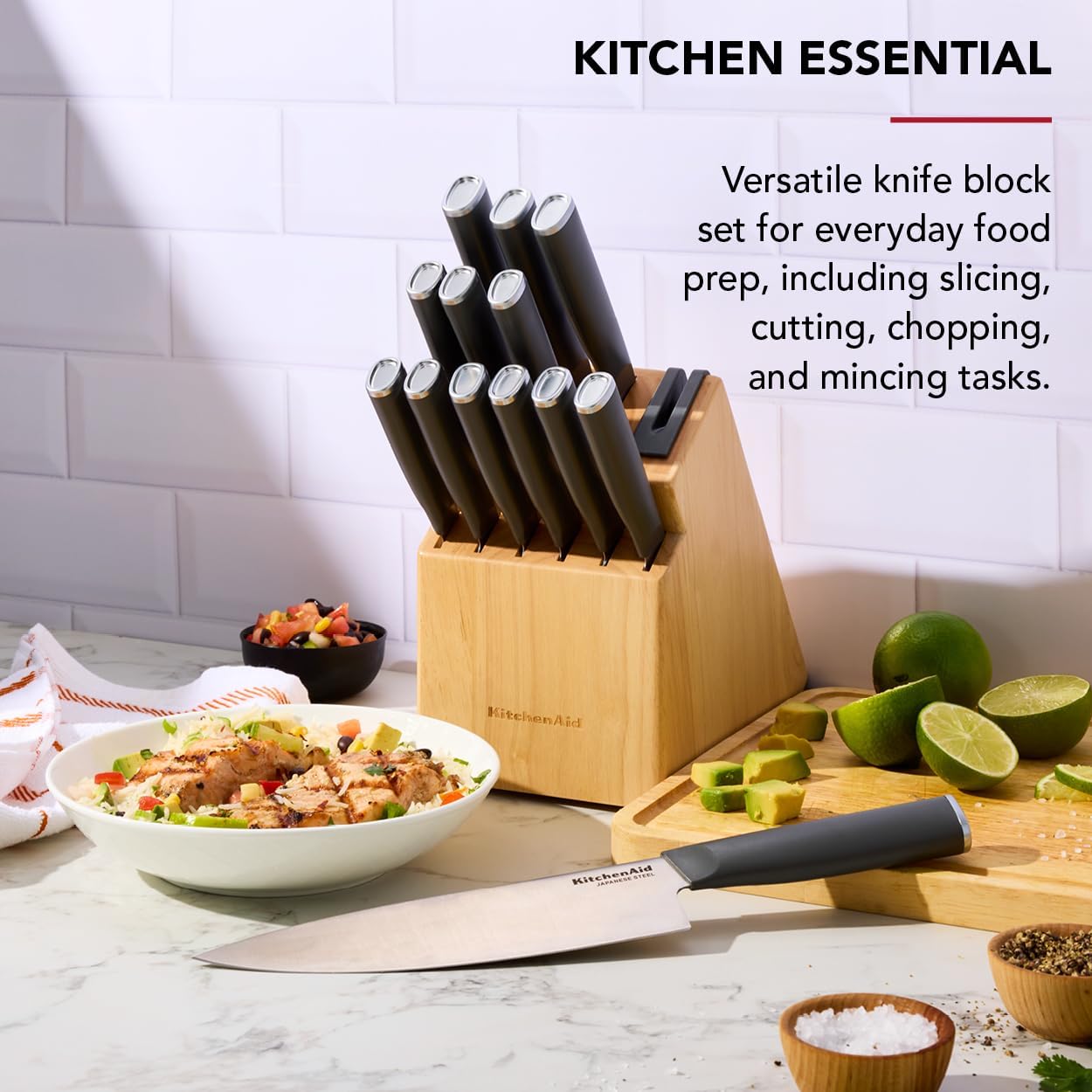KitchenAid Classic Natural Knife Block Set with Built-In Sharpener, High-Carbon Japanese Stainless Steel Knives, Charcoal Gray, 14-Piece