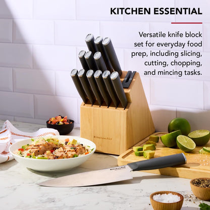 KitchenAid Classic Natural Knife Block Set with Built-In Sharpener, High-Carbon Japanese Stainless Steel Knives, Charcoal Gray, 14-Piece