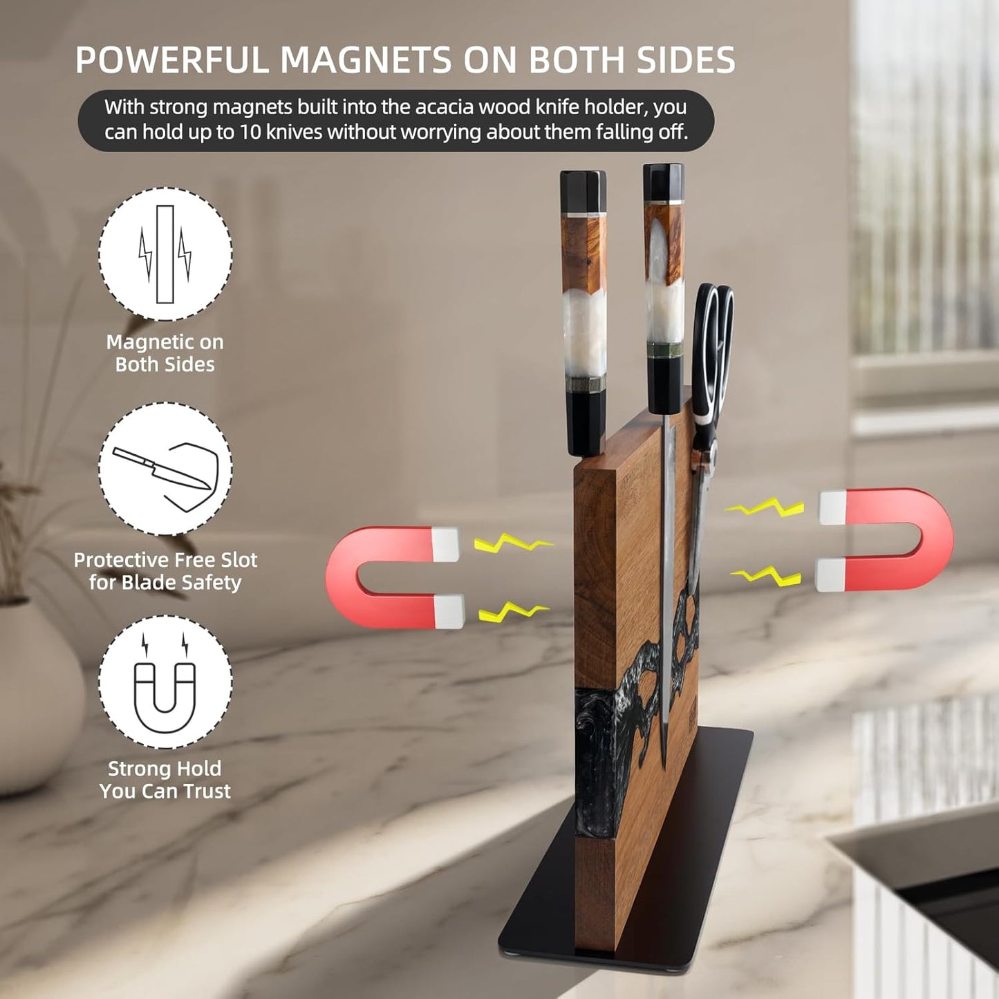 FINDKING Magnetic Knife Block, Double Sided Holder, Powerful Magnet Kitchen Storage, Acacia Wood and Blue Resin (12 x 10 Inches, Without Knives)