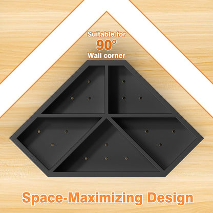 Kitchen Utensils Holder with 5 Compartments, Corner Utensil Caddy for Countertop, Black Large Wooden Utensil Organizer for Kitchen Countertop for Silverware Spoon Spatula