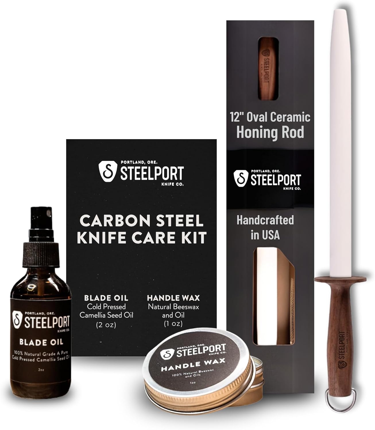 STEELPORT Knife Maintenance Gift Set | 12” Oval Ceramic Honing Rod, Carbon Steel Knife Care Kit (Camellia Oil, Handle Wax) | USA Made Professional Blade Maintaining, Wood Conditioning Oil, Wax Set