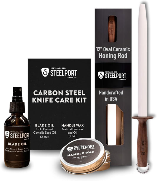 STEELPORT Knife Maintenance Gift Set | 12” Oval Ceramic Honing Rod, Carbon Steel Knife Care Kit (Camellia Oil, Handle Wax) | USA Made Professional Blade Maintaining, Wood Conditioning Oil, Wax Set