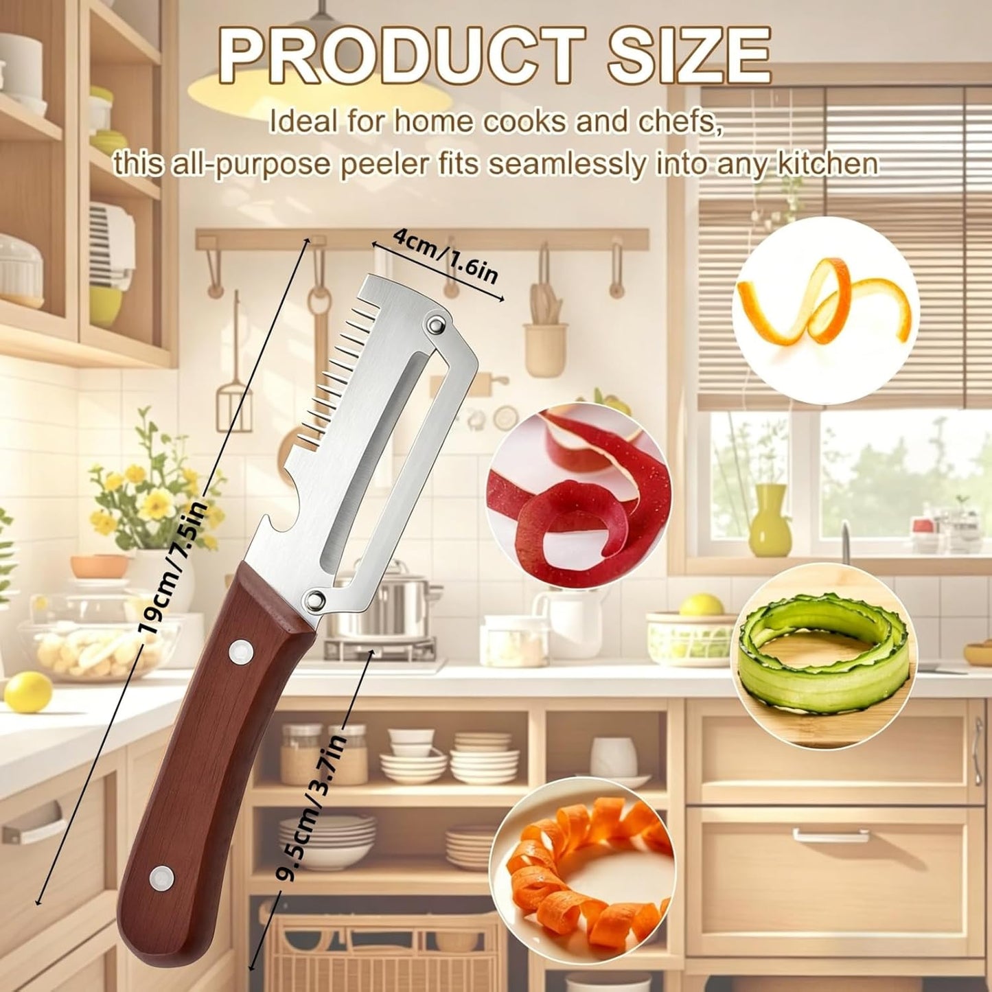 2PCS Multifunctional Vegetable Peeler, Upgrade 3-in-1 Wooden Handle Peelers with Bottle Opener, Premium Stainless Steel Peeler, Fruit Knife for Welsh Onion, Potato, Carrot, Apple, Pumpkin with a Brush