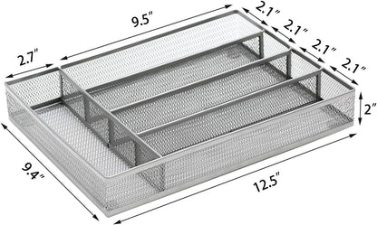 JANE EYRE Drawer Organizer, Cutlery Tray Silverware Flatware Storage Divider for Kitchen, Mesh Wire with Non-slip Foam Feet, 5 Component, Silver