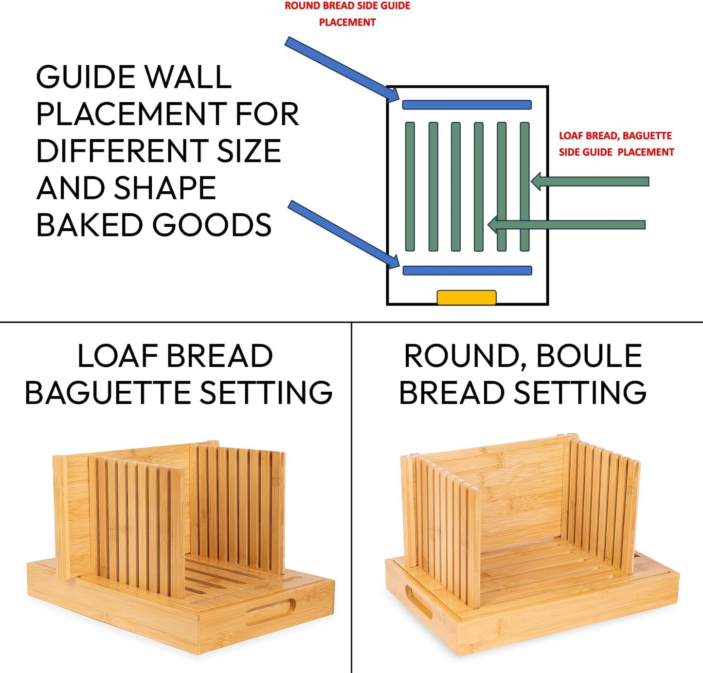 Bread Slicer for Sourdough & Homemade Bread - Fits Round, Loaf & Baguette Bread. Bamboo Bread Cutting Guide W/Crumb Tray - Foldable - Knife Not Included. Recommended: Serrated Knife Blade 10-12 Inches