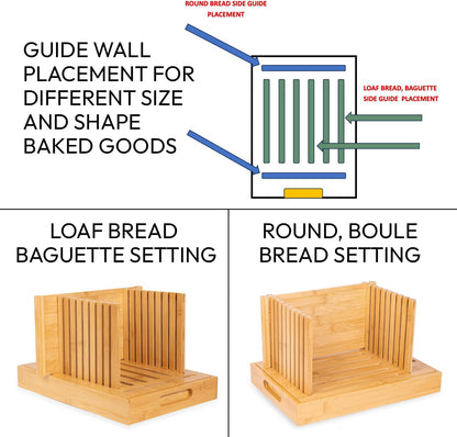 Bread Slicer for Sourdough & Homemade Bread - Fits Round, Loaf & Baguette Bread. Bamboo Bread Cutting Guide W/Crumb Tray - Foldable - Knife Not Included. Recommended: Serrated Knife Blade 10-12 Inches