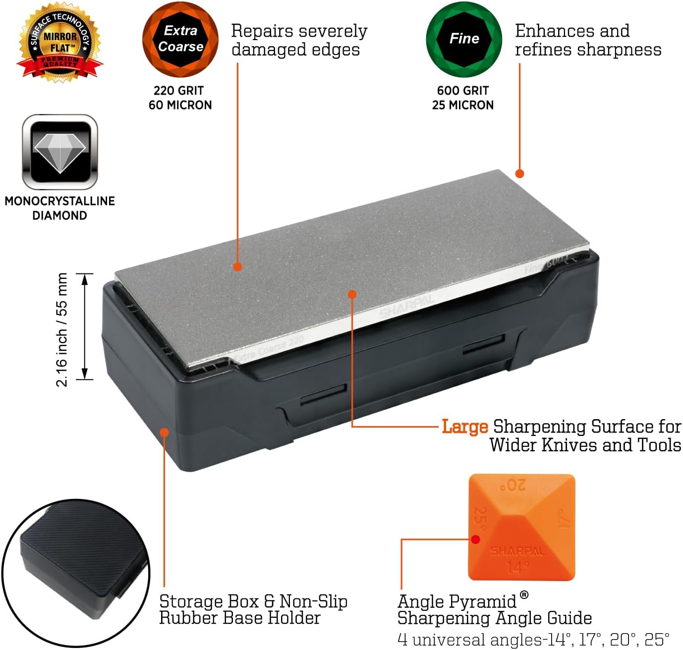 SHARPAL 162N Double-sided Diamond Sharpening Stone Whetstone Knife Sharpener |Coarse 325 / Extra Fine 1200 Grit | Storage Case with NonSlip Base & Angle Guide (8 in. x 3 in.) Fathers Day Gift