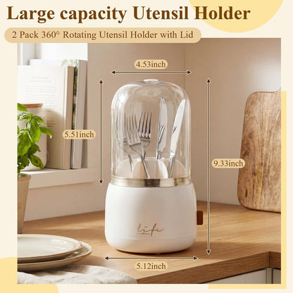 2 Pack 360° Rotating Silverware Organizer, Utensil Holder with Lid for Kitchen Counter Silverware Caddy with Drainage Dustproof Flatware Holder for Cutlery Spoon Fork(Diamond White,3 Slot)