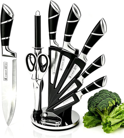Elegant Purple 9-Piece Kitchen Knife Set with Acrylic Block,Non Stick Sharp Stainless Steel Chef Knives with Sharpener,Gift Ready Cutlery Set for Women