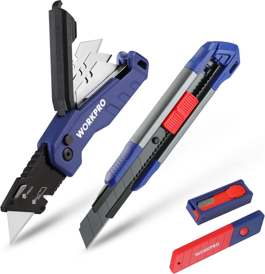WORKPRO Utility Knife, 2-piece, Folding Box Cutter and Retractable Knife, Light Weight Aluminum Body with Quick- Change Stainless Blade Holder, Extra 20 SK5 Blades Included