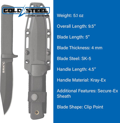 COLD STEEL SRK Compact 5" SK-5 Clip Point Razor-Sharp Blade 4.5" Durable Kray-Ex Handle Tactical Fixed Blade Knife w/Secure-Ex Sheath