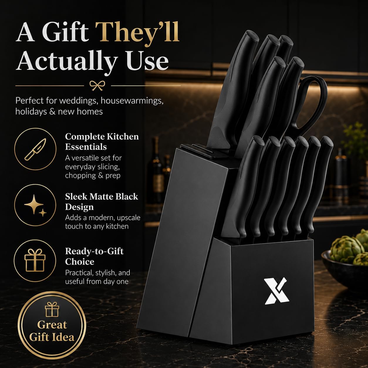 XANAPON Knife Set, 14 Pieces Kitchen Knife Set, High Carbon German Stainless Steel, Dishwasher Safe Cutlery with Built-in Knife Sharpener, Black