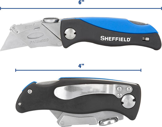 Sheffield Folding Utility Knife, Accepts Standard Utility Knife Blades, Box Cutter, Razor Blades Included, For Home, Office, Trades, and Warehouse