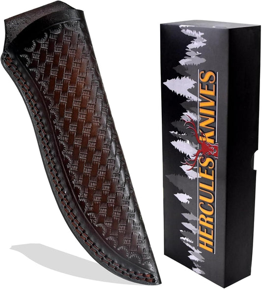 Custom Leather Sheath Tooled Leather Sheath/Hunting Knife Sheath Universal Leather Knife Sheath, 100% Real Laether/Hercules Knives (Dark Brown, 9.0" Inches)