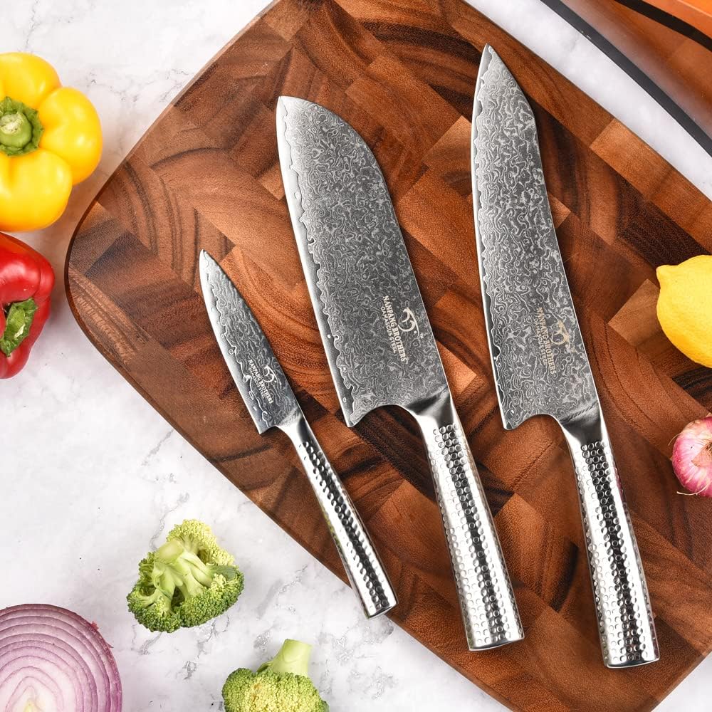 Damascus Knife Set with Block for Kitchen, 7-Piece VG10 Damascus Steel Kitchen Knife Set with Triple-Rivet Handles, Chef, Bread & Santoku Knives, Shears, Natural Wooden Block