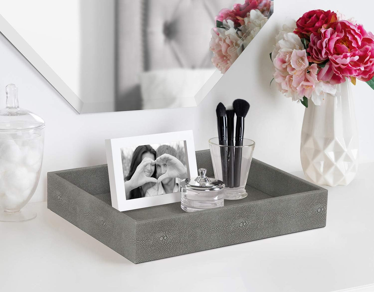 HofferRuffer Faux Leather Vanity Tray, Elegant Desktop Storage Organizer, Decorative Catchall for Perfume, Bathroom Valet, Nightstand or Dresser, 10.2 x 8.4 x 1.8 inches (Grey Stripe)