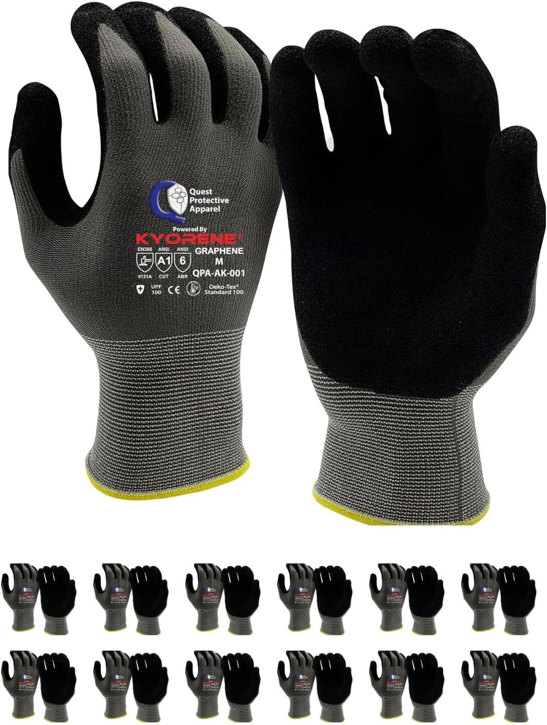 Quest Protective Apparel Cut Resistant Work Gloves (ANSI A1) – Lightweight Graphene Gloves for Gardening, DIY, Mechanical & General Handling – Breathable Grip Gloves for Men & Women – Large, Pack of 3