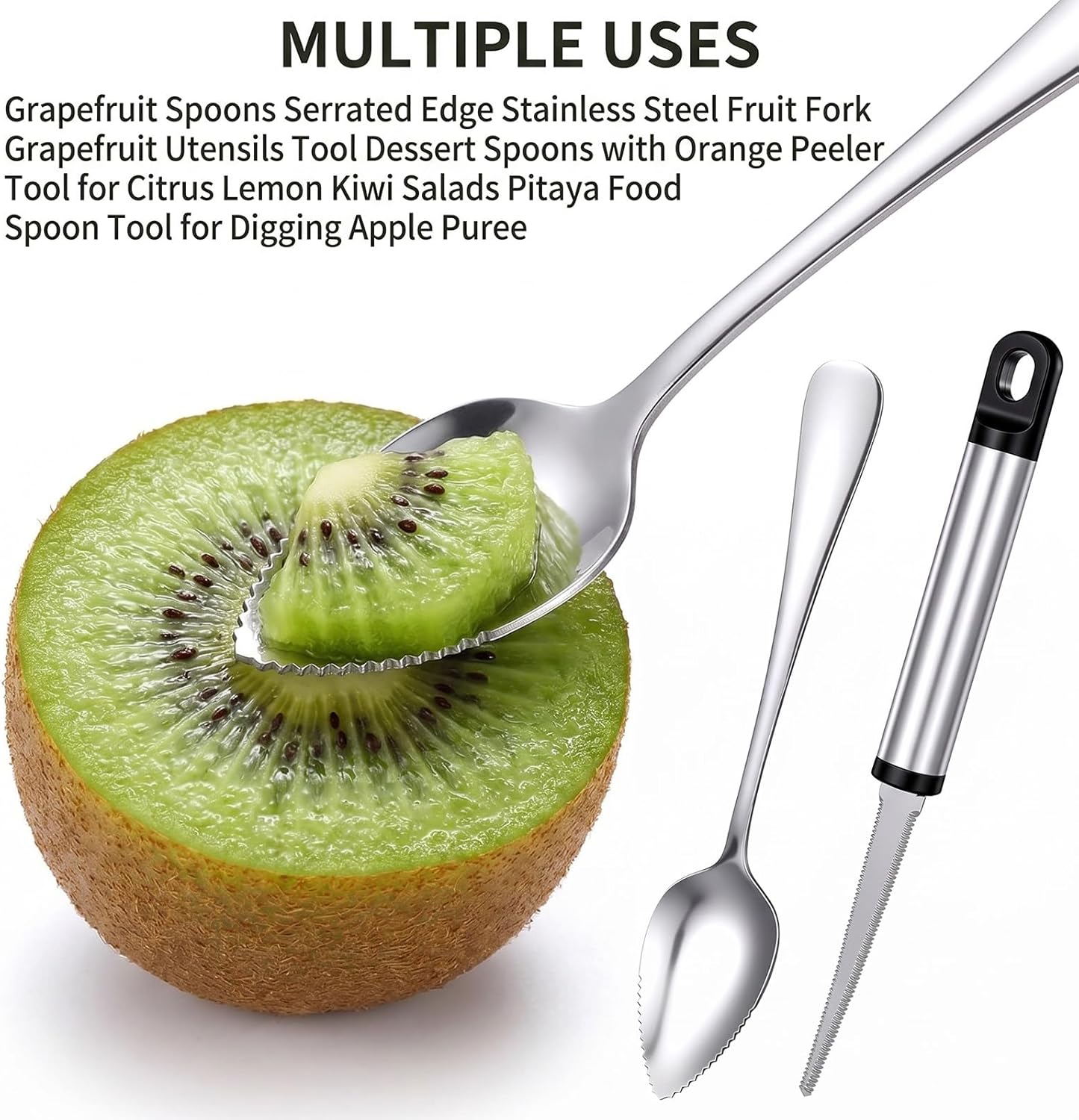 6 Pcs Grapefruit Spoon Knife, Stainless Steel Grapefruit Spoons Serrated Edge Knife Grapefruit Spoon & Knife Set Dessert Spoon for Citrus Kiwi Orange Lemon Pitaya Avocado(Silver)