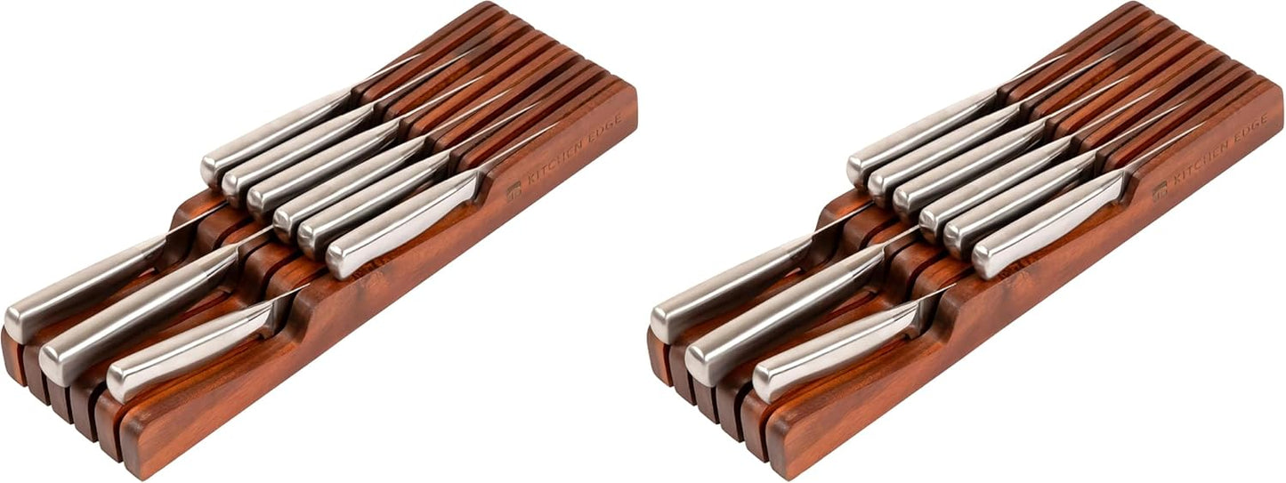 KitchenEdge Bamboo Kitchen Knife Block Holder Organizer - Holds 5 Long + 6 Short Knives (Not Included), Fits Most Knife Sizes, Rubber Feet, Sustainable Bamboo, In-Drawer Design