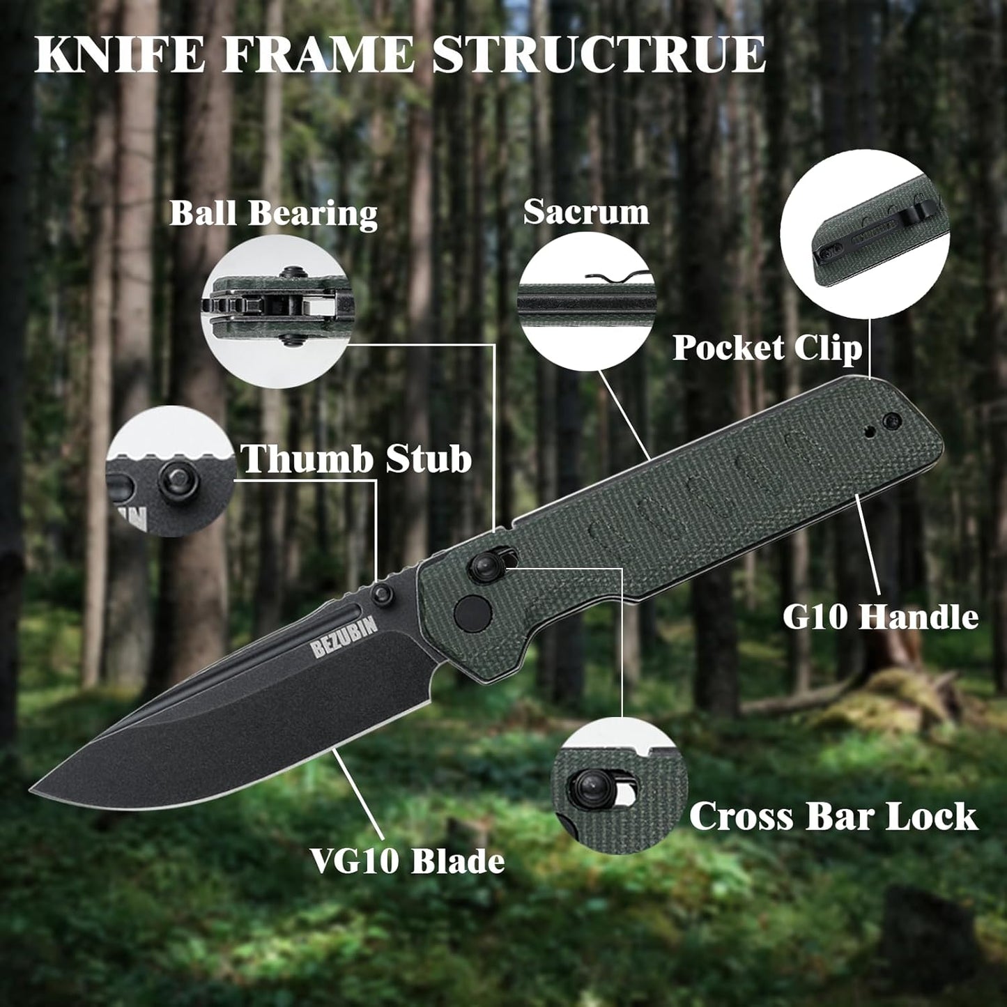 Folding Pocket Knife 3.25" VG10 Blade EDC Folding Knife with Safety Axis Lock Black G10 Handle Hunting Camping Knife with Thumb Stud Opener