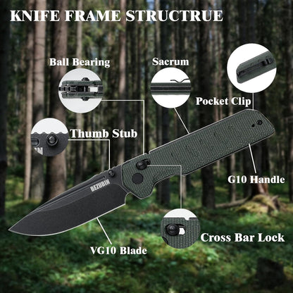 Folding Pocket Knife 3.25" VG10 Blade EDC Folding Knife with Safety Axis Lock Black G10 Handle Hunting Camping Knife with Thumb Stud Opener
