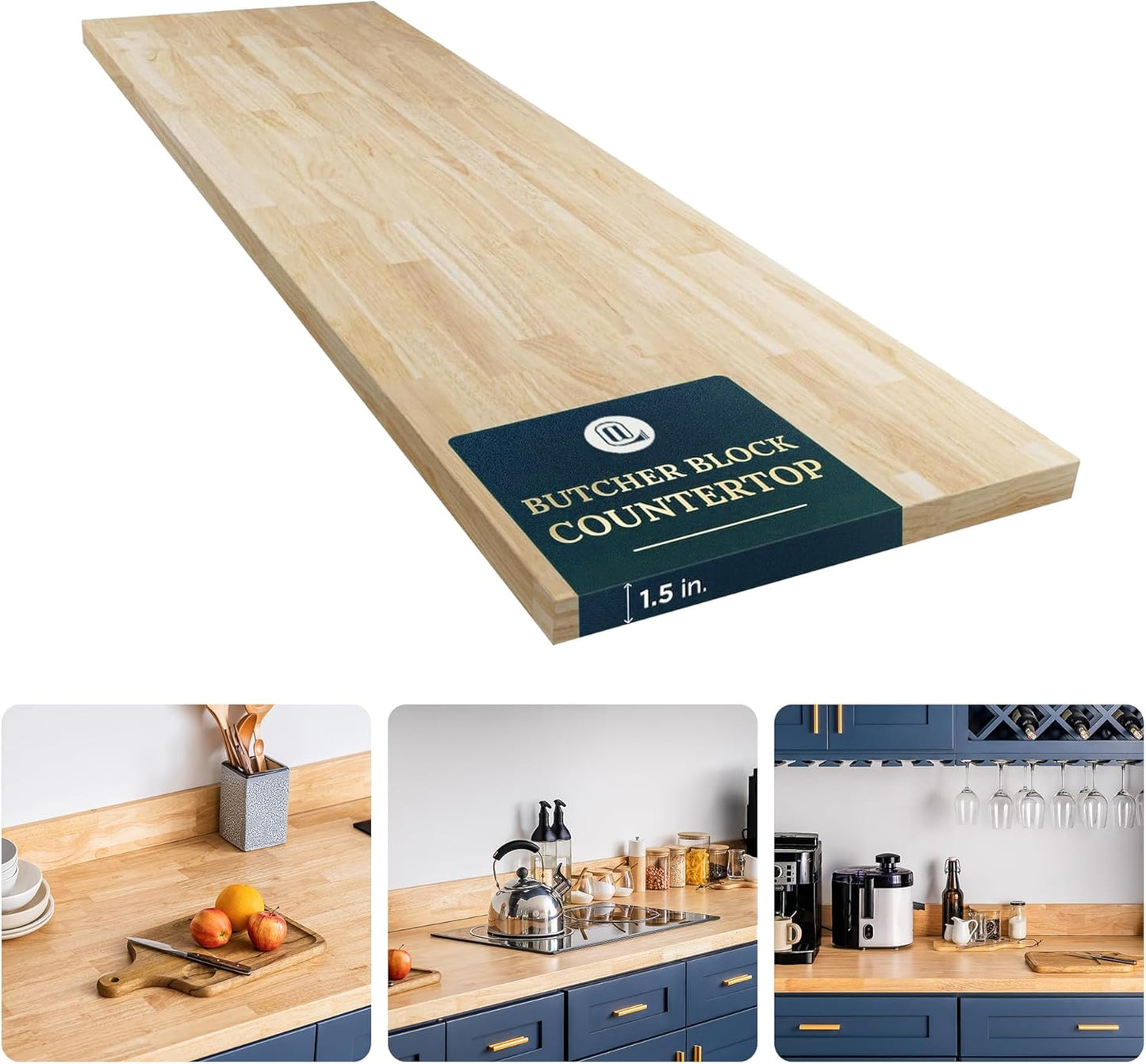 36''L x 25''W x 1.5''Th Hevea Solid Wood Butcher Block Countertop, Butcher Block Table Top for DIY Washer Dryer/Island/Kitchen Countertop (Unfinished)
