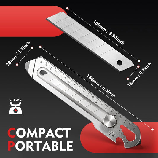 BECOWIN 7-In-1 Mutipurpose Utility Knife, Stainless Steel Retractable Box Cutter, Heavy Duty Snap off Cutter Knife with 10PC 18MM SK5 Blades, Safety Lock Design