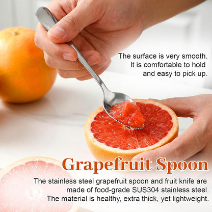 5PCS Grapefruit Spoons & 1 Knife - Stainless Steel Grapefruit Flatware with Serrated Edge, Curved Cutting Silverware Set for Fruit Kiwi Orange, Small Multi-Functional Spoons for Camping Kitchenware